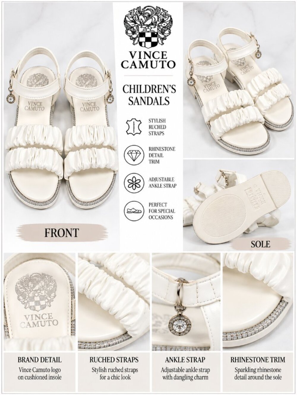 Vince Camuto Toddler Girls White Ruched Double Strap Glitter Sandals 9